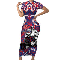 Personalised Samoa Gym Family Matching Short Sleeve Bodycon Dress and Hawaiian Shirt Muscle Samoan Tribal Waves DT05 Mom's Dress Navy - Polynesian Pride