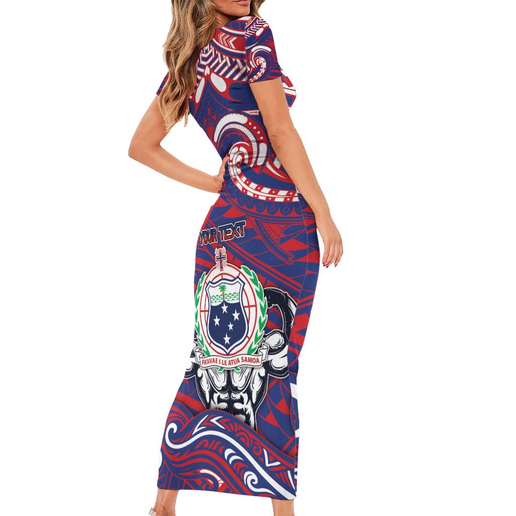 Personalised Samoa Gym Family Matching Short Sleeve Bodycon Dress and Hawaiian Shirt Muscle Samoan Tribal Waves DT05 - Polynesian Pride