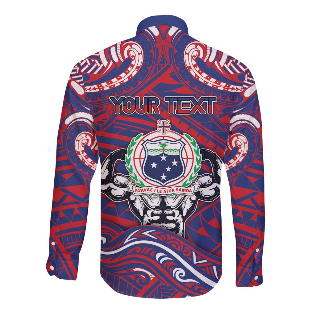 Personalised Samoa Gym Long Sleeve Button Shirt Muscle Samoan Tribal Waves - Polynesian Pride