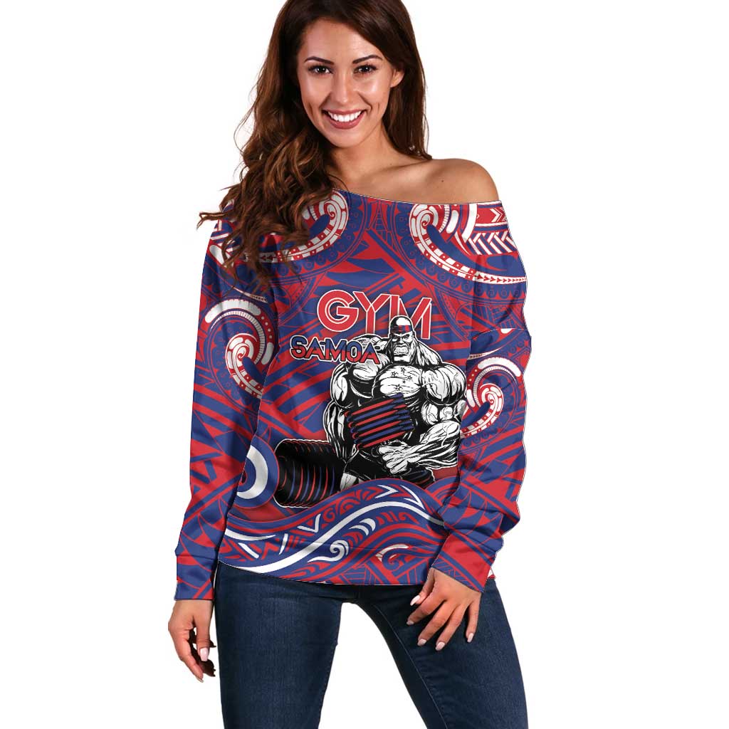 Personalised Samoa Gym Off Shoulder Sweater Muscle Samoan Tribal Waves - Polynesian Pride