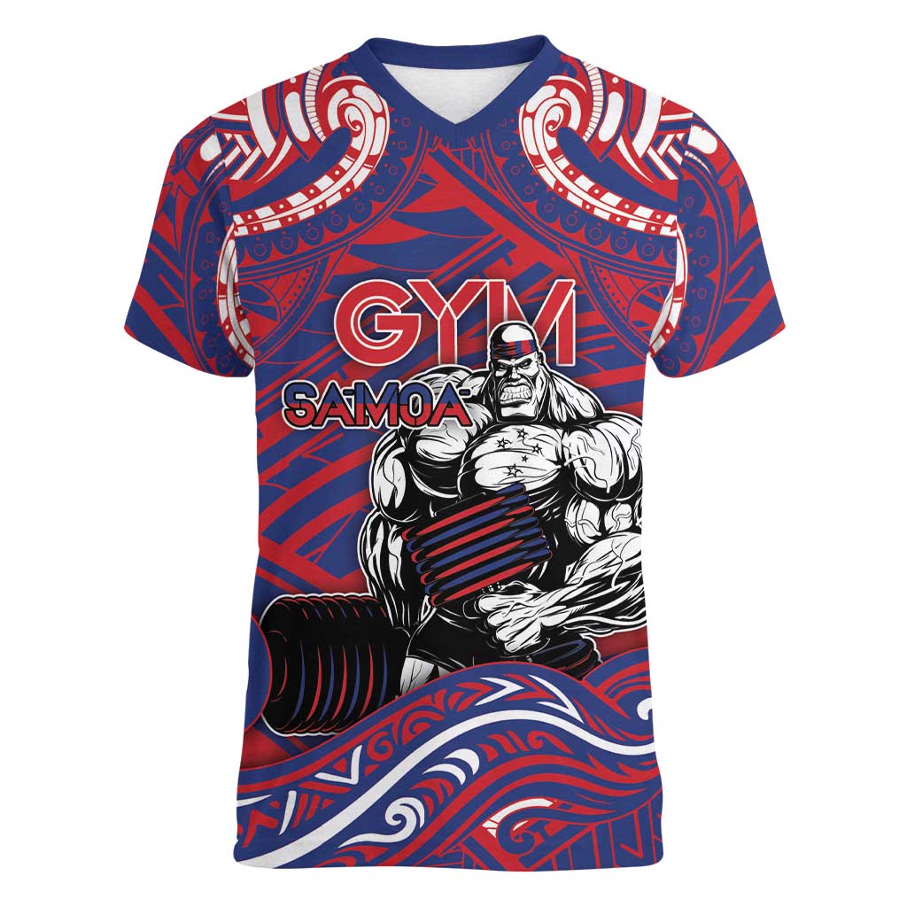 Personalised Samoa Gym Women V-Neck T-Shirt Muscle Samoan Tribal Waves - Polynesian Pride