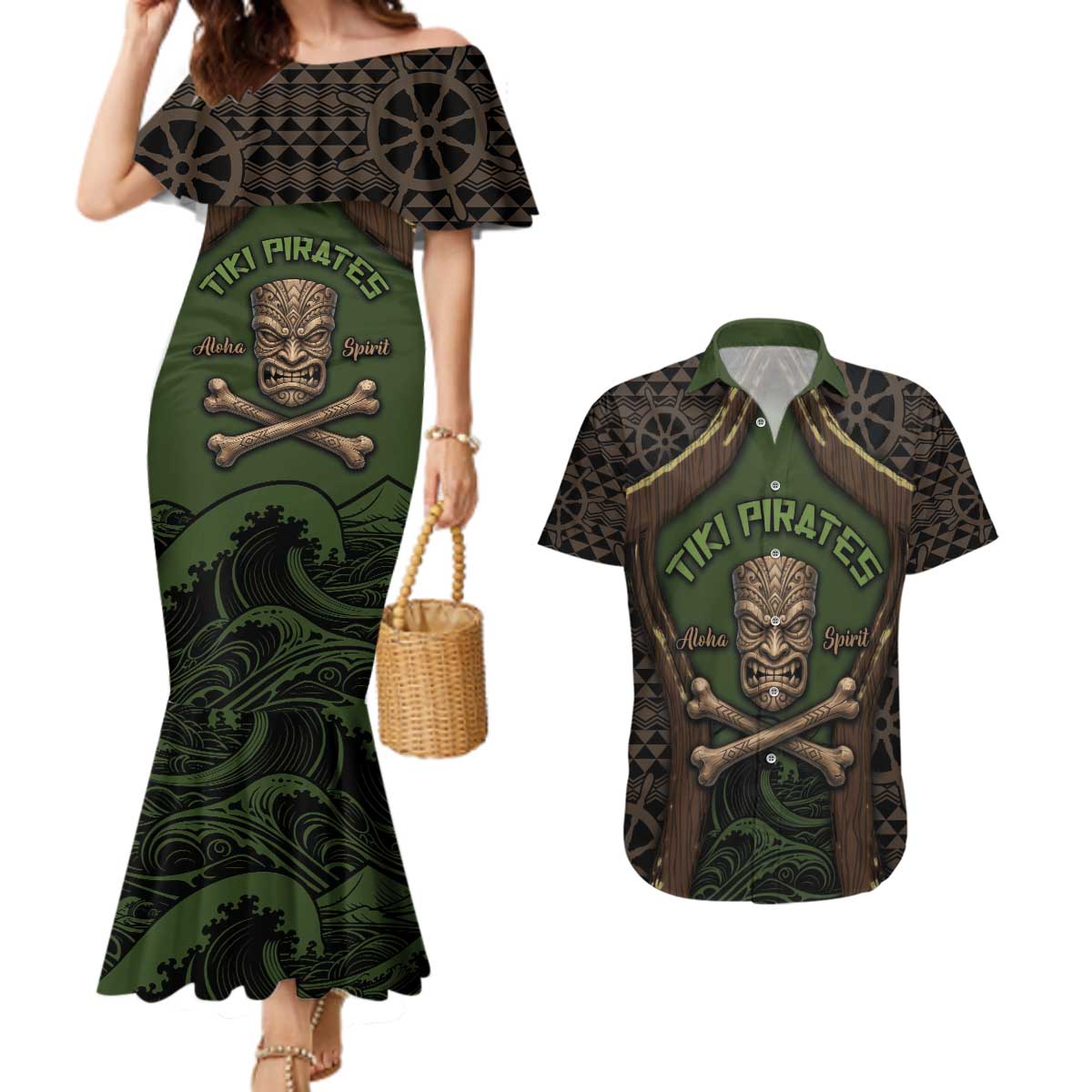 Personalised Hawaii Tiki Pirates Couples Matching Mermaid Dress and Hawaiian Shirt Kakau Pattern Polynesian Style