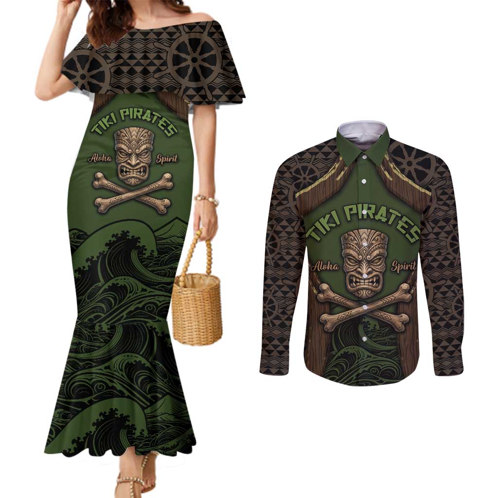 Personalised Hawaii Tiki Pirates Couples Matching Mermaid Dress and Long Sleeve Button Shirt Kakau Pattern Polynesian Style