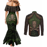 Personalised Hawaii Tiki Pirates Couples Matching Mermaid Dress and Long Sleeve Button Shirt Kakau Pattern Polynesian Style