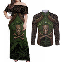 Personalised Hawaii Tiki Pirates Couples Matching Off Shoulder Maxi Dress and Long Sleeve Button Shirt Kakau Pattern Polynesian Style