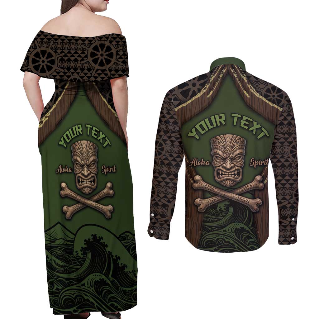Personalised Hawaii Tiki Pirates Couples Matching Off Shoulder Maxi Dress and Long Sleeve Button Shirt Kakau Pattern Polynesian Style