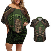 Personalised Hawaii Tiki Pirates Couples Matching Off Shoulder Short Dress and Hawaiian Shirt Kakau Pattern Polynesian Style
