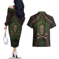 Personalised Hawaii Tiki Pirates Couples Matching Off The Shoulder Long Sleeve Dress and Hawaiian Shirt Kakau Pattern Polynesian Style