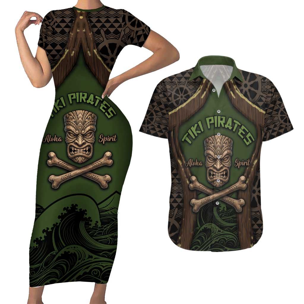 Personalised Hawaii Tiki Pirates Couples Matching Short Sleeve Bodycon Dress and Hawaiian Shirt Kakau Pattern Polynesian Style