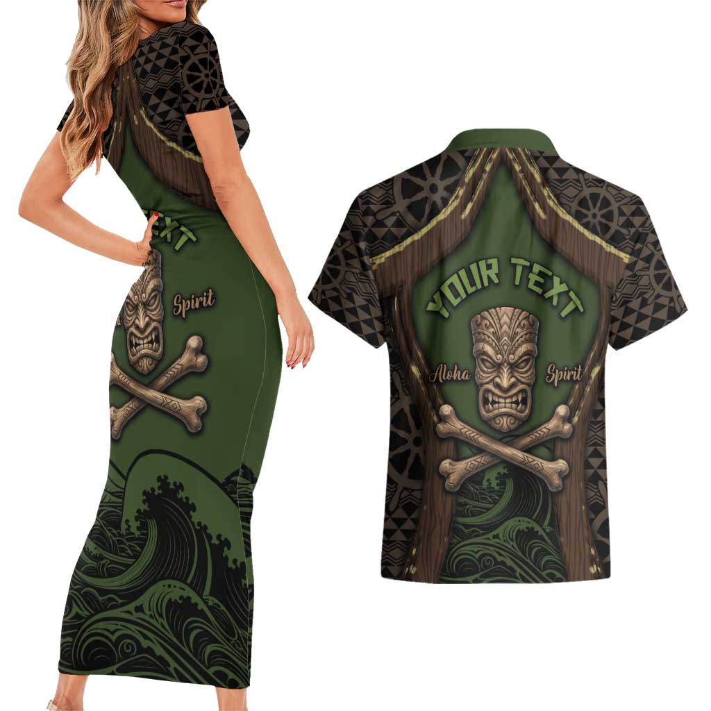 Personalised Hawaii Tiki Pirates Couples Matching Short Sleeve Bodycon Dress and Hawaiian Shirt Kakau Pattern Polynesian Style