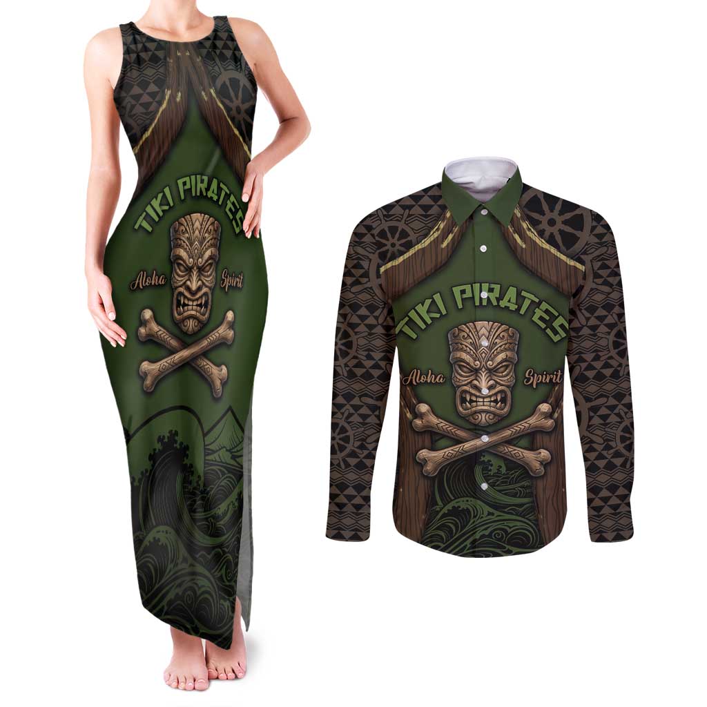 Personalised Hawaii Tiki Pirates Couples Matching Tank Maxi Dress and Long Sleeve Button Shirt Kakau Pattern Polynesian Style