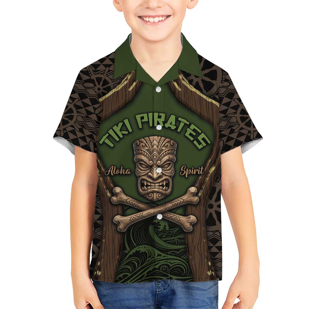 Personalised Hawaii Tiki Pirates Family Matching Mermaid Dress and Hawaiian Shirt Kakau Pattern Polynesian Style DT05 Son's Shirt Green - Polynesian Pride