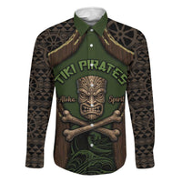 Personalised Hawaii Tiki Pirates Family Matching Off The Shoulder Long Sleeve Dress and Hawaiian Shirt Kakau Pattern Polynesian Style DT05 Dad's Shirt - Long Sleeve Green - Polynesian Pride
