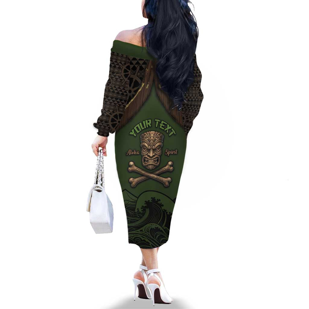 Personalised Hawaii Tiki Pirates Family Matching Off The Shoulder Long Sleeve Dress and Hawaiian Shirt Kakau Pattern Polynesian Style DT05 - Polynesian Pride