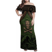 Personalised Hawaii Tiki Pirates Family Matching Off Shoulder Maxi Dress and Hawaiian Shirt Kakau Pattern Polynesian Style