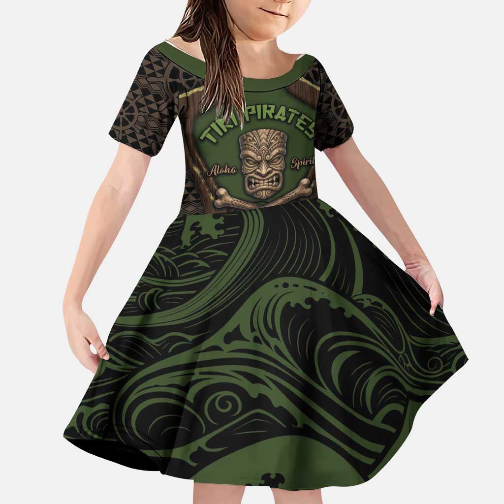 Personalised Hawaii Tiki Pirates Family Matching Off Shoulder Short Dress and Hawaiian Shirt Kakau Pattern Polynesian Style