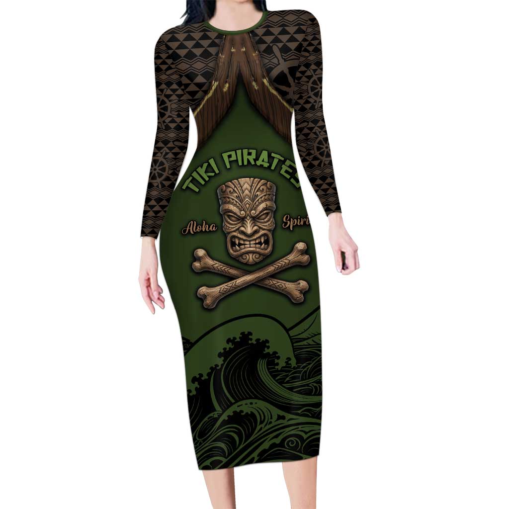 Personalised Hawaii Tiki Pirates Long Sleeve Bodycon Dress Kakau Pattern Polynesian Style