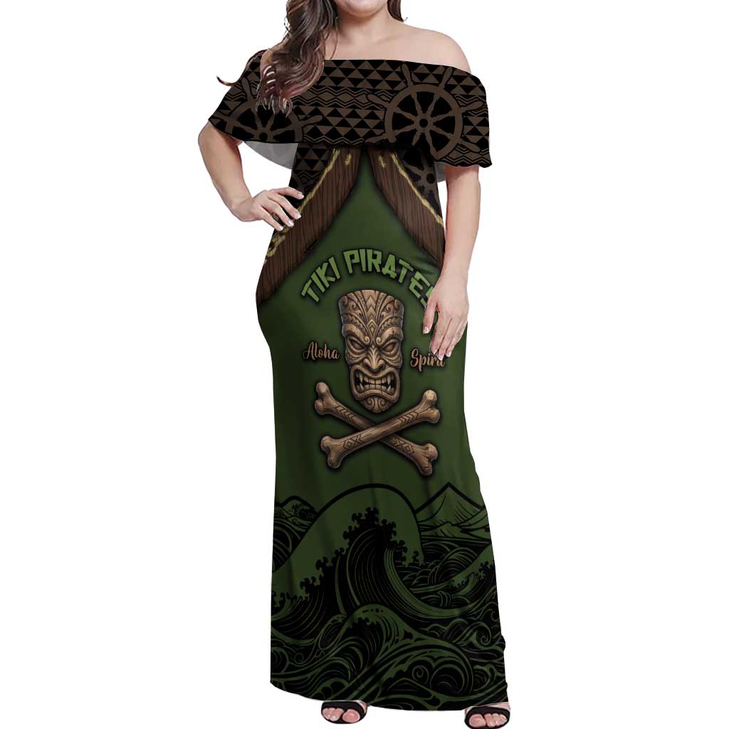 Personalised Hawaii Tiki Pirates Off Shoulder Maxi Dress Kakau Pattern Polynesian Style
