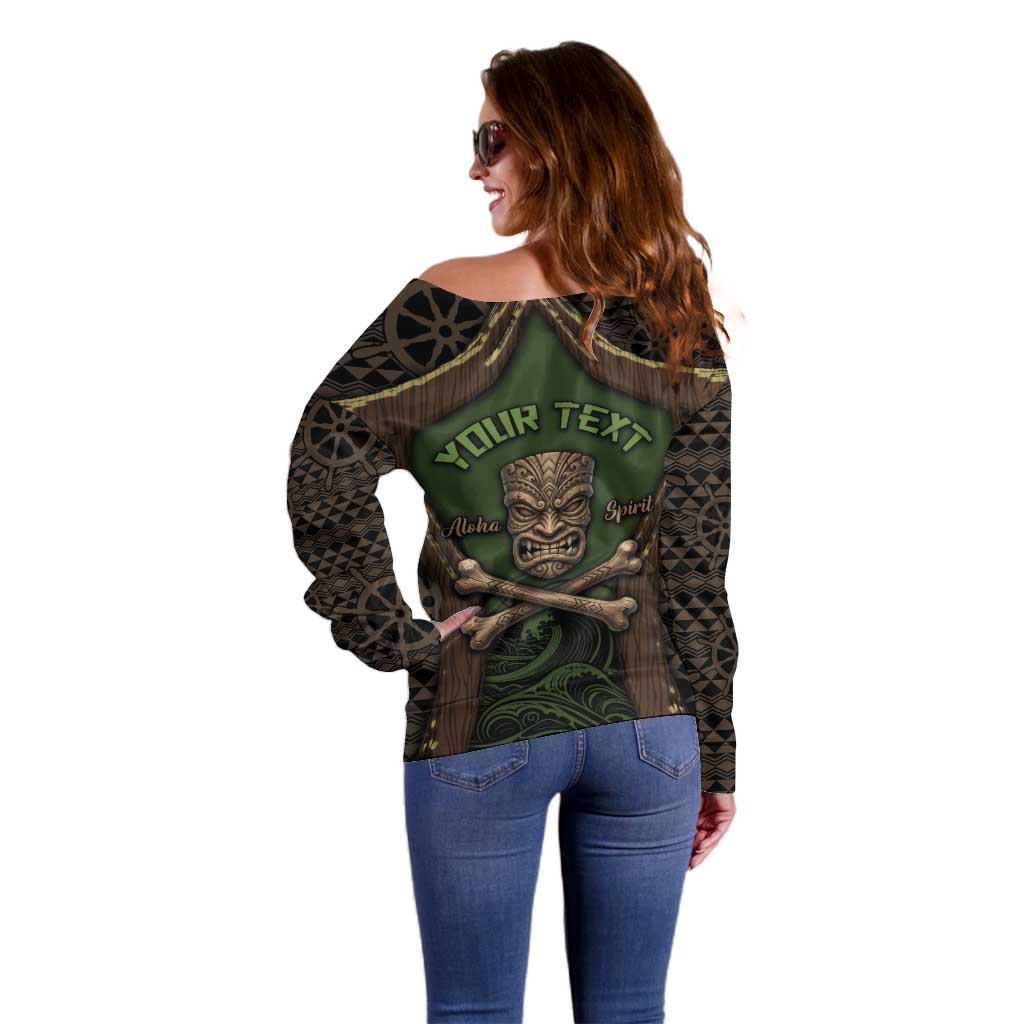 Personalised Hawaii Tiki Pirates Off Shoulder Sweater Kakau Pattern Polynesian Style