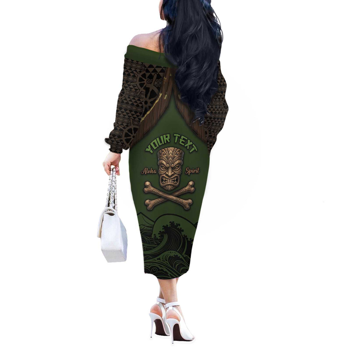 Personalised Hawaii Tiki Pirates Off The Shoulder Long Sleeve Dress Kakau Pattern Polynesian Style