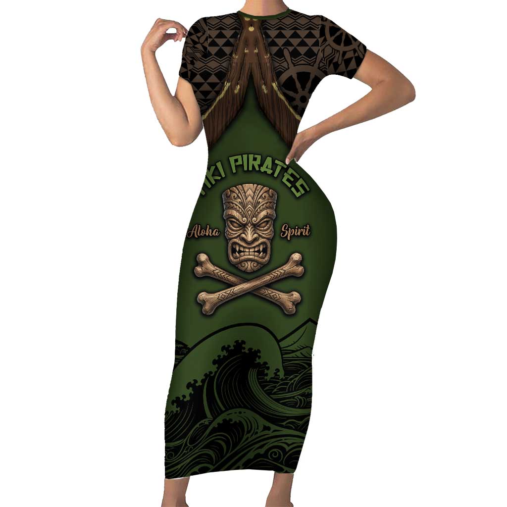 Personalised Hawaii Tiki Pirates Short Sleeve Bodycon Dress Kakau Pattern Polynesian Style