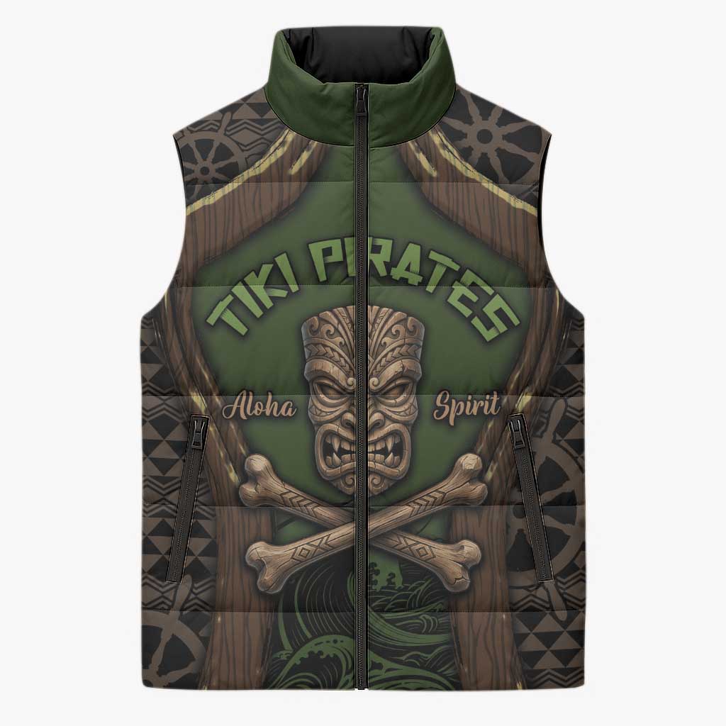 Personalised Hawaii Tiki Pirates Sleeveless Puffer Jacket Kakau Pattern Polynesian Style