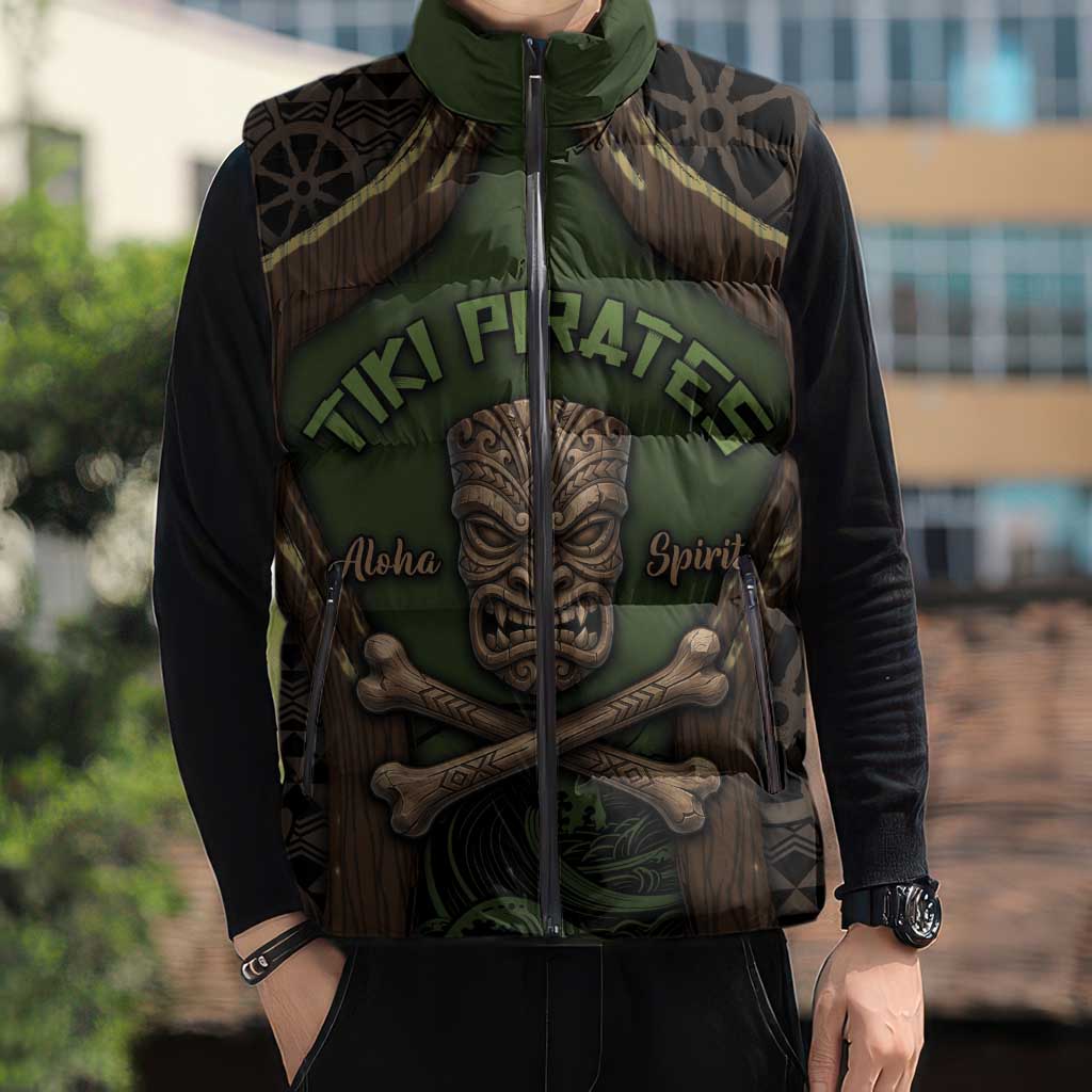 Personalised Hawaii Tiki Pirates Sleeveless Puffer Jacket Kakau Pattern Polynesian Style