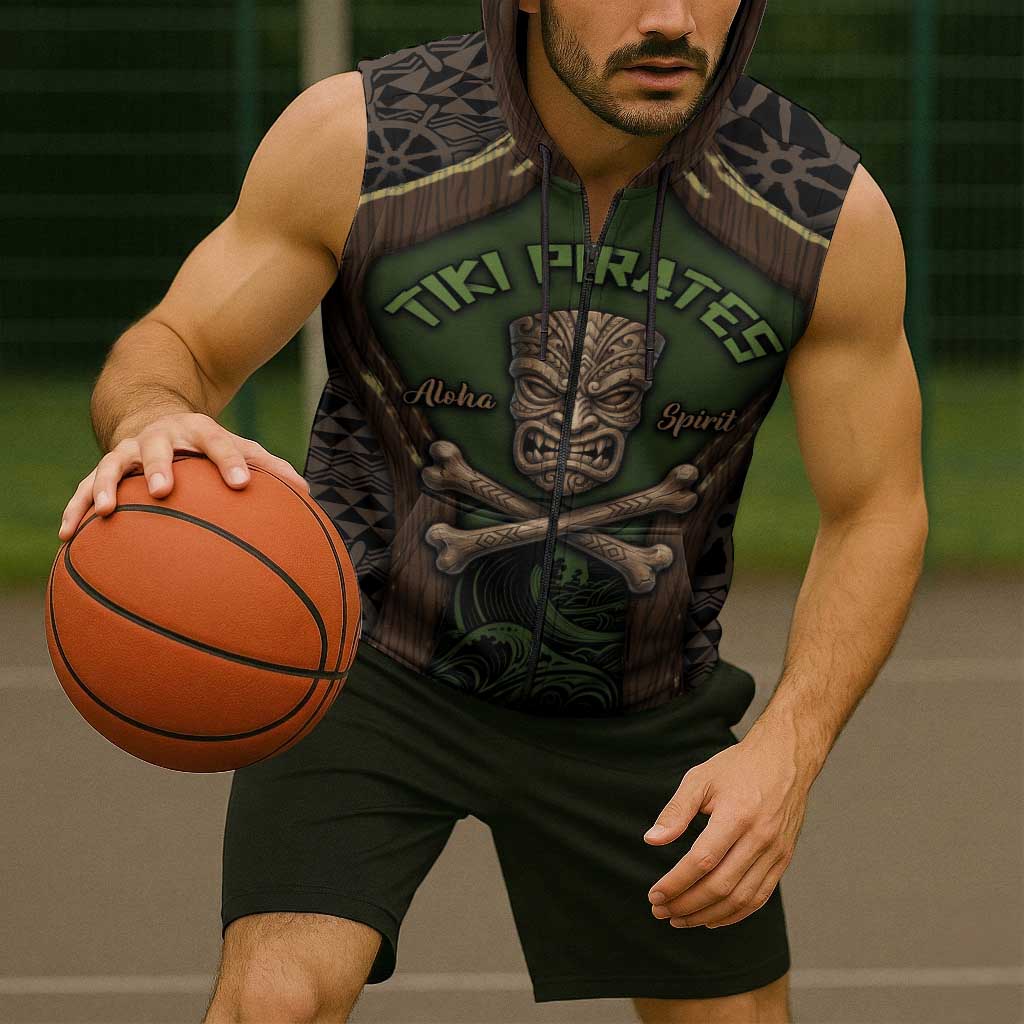 Personalised Hawaii Tiki Pirates Sleeveless Zip Hoodie Kakau Pattern Polynesian Style