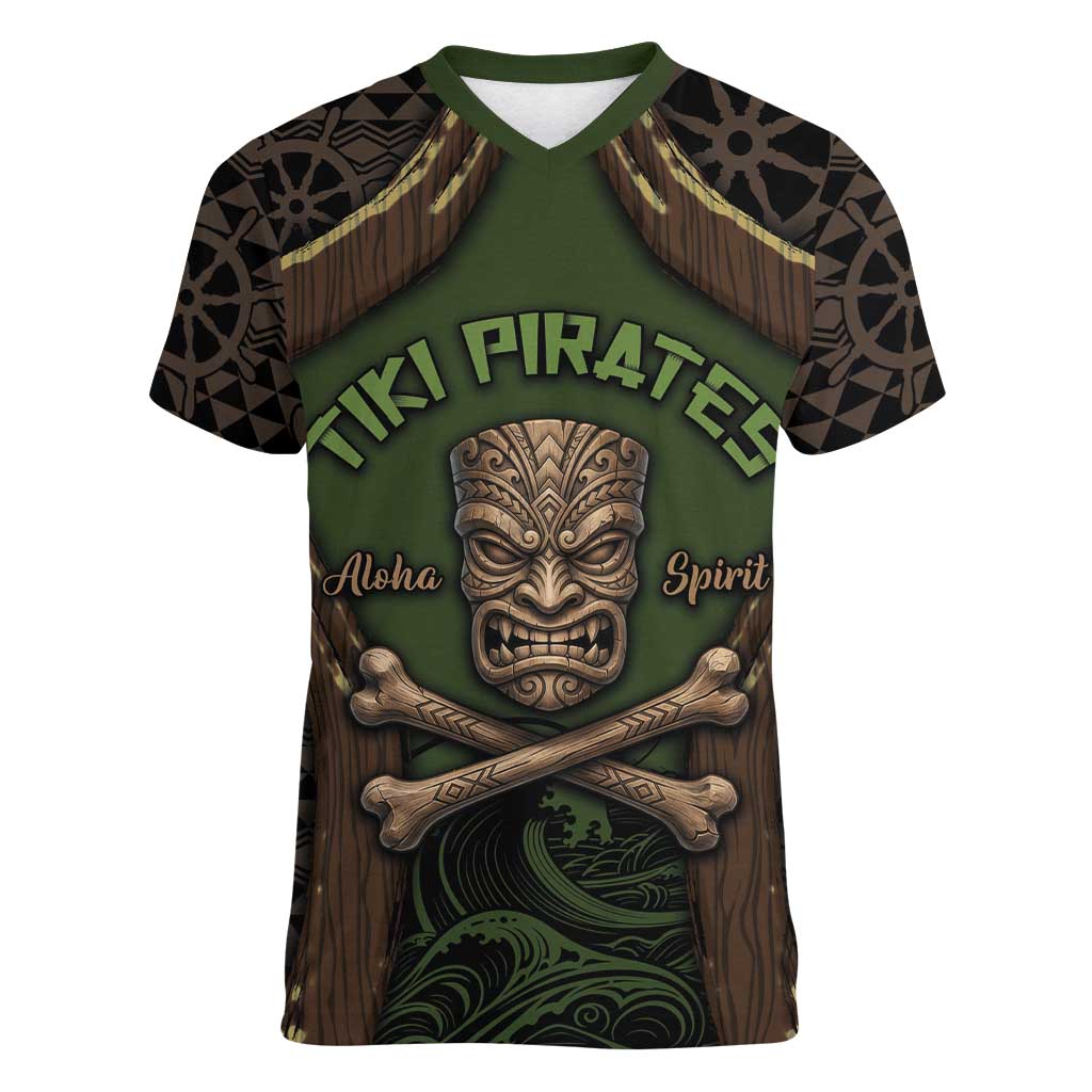 Personalised Hawaii Tiki Pirates Women V-Neck T-Shirt Kakau Pattern Polynesian Style