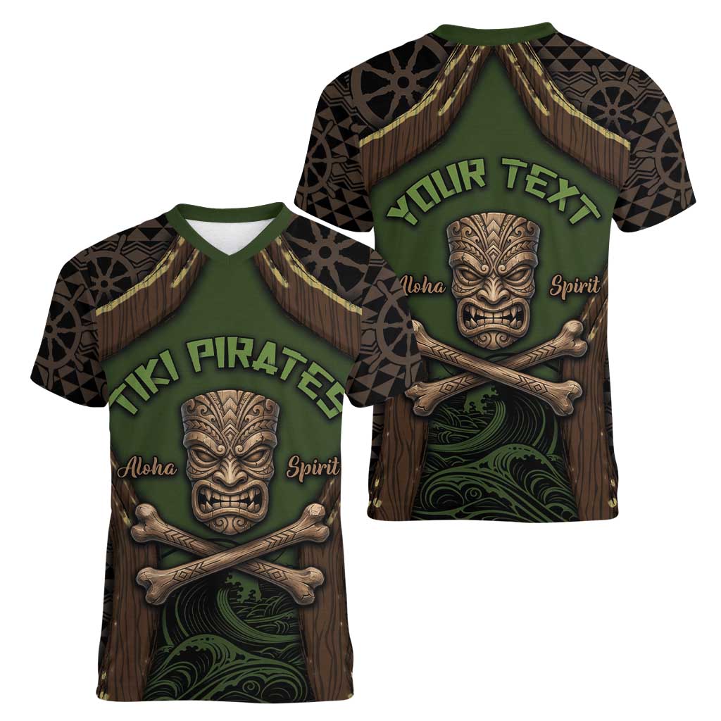Personalised Hawaii Tiki Pirates Women V-Neck T-Shirt Kakau Pattern Polynesian Style
