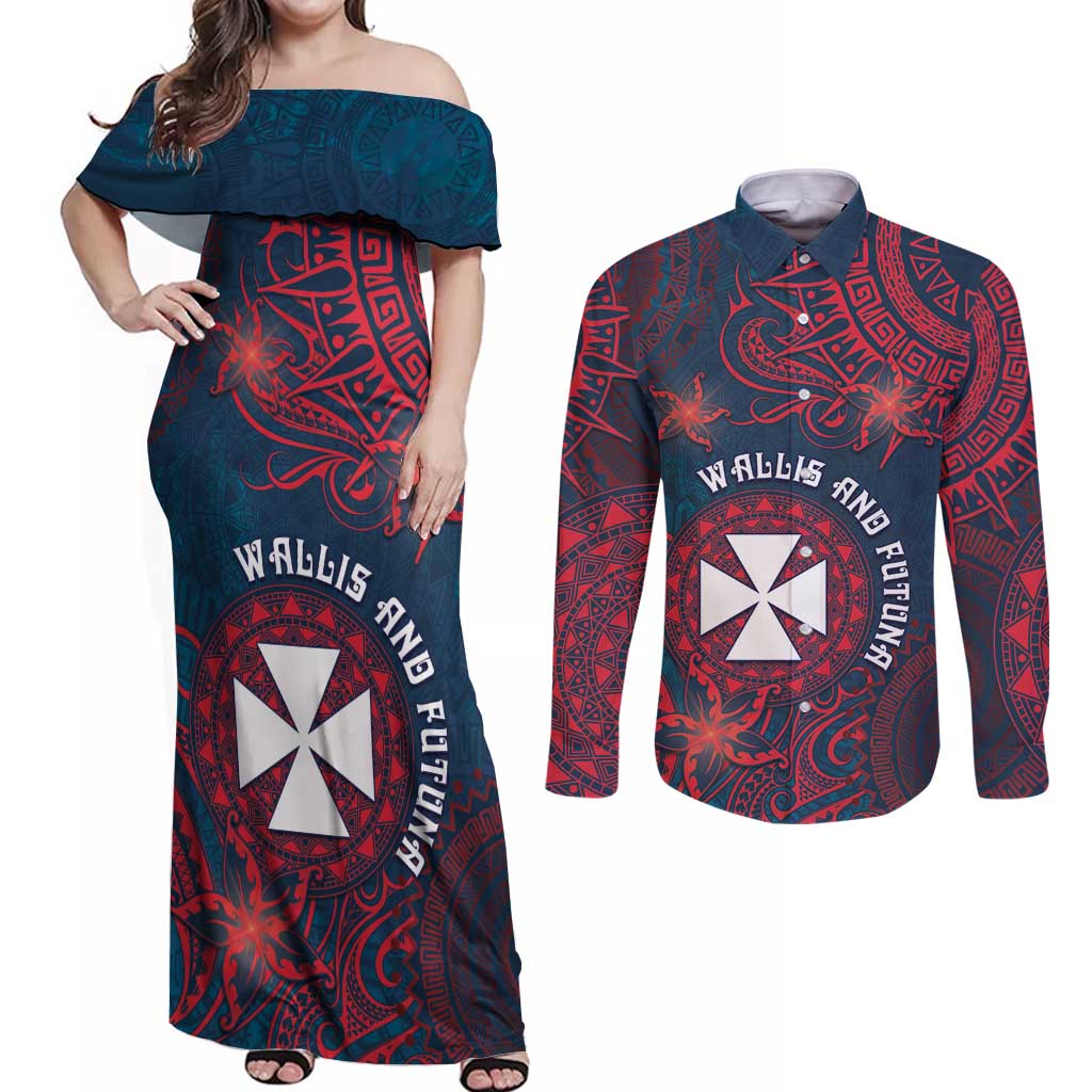 Personalised Wallis And Futuna Couples Matching Off Shoulder Maxi Dress and Long Sleeve Button Shirt Hibiscus Polynesian Tribal Pattern