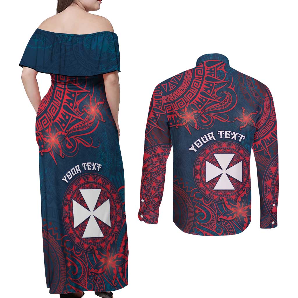Personalised Wallis And Futuna Couples Matching Off Shoulder Maxi Dress and Long Sleeve Button Shirt Hibiscus Polynesian Tribal Pattern
