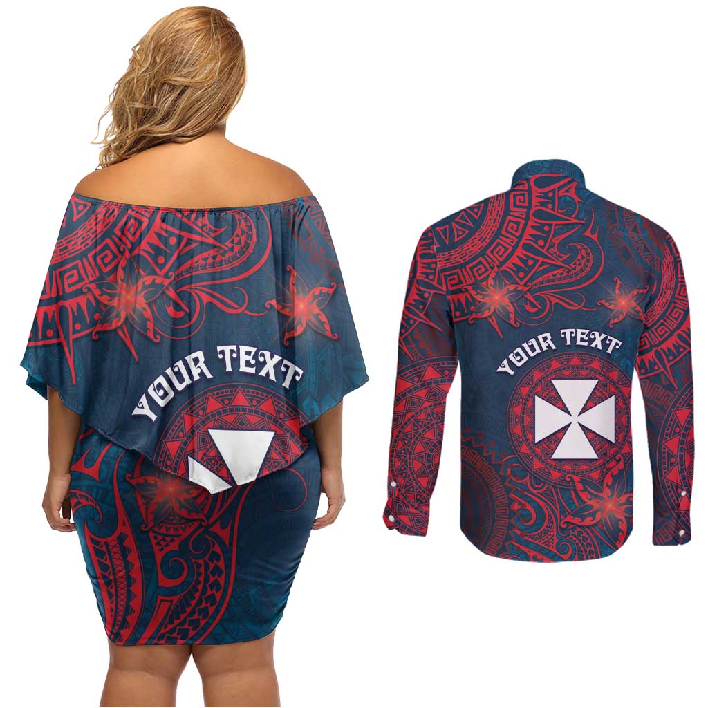 Personalised Wallis And Futuna Couples Matching Off Shoulder Short Dress and Long Sleeve Button Shirt Hibiscus Polynesian Tribal Pattern