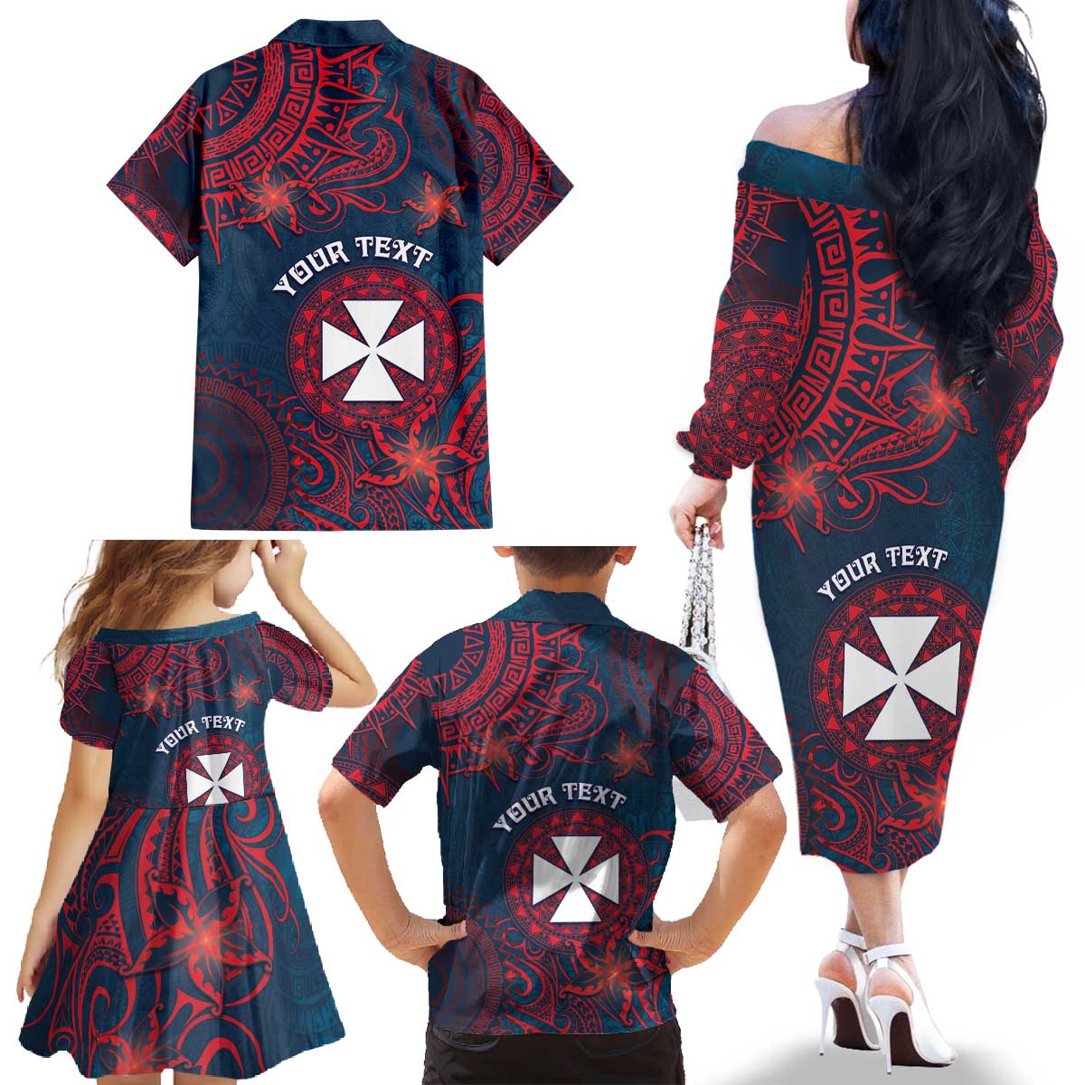 Personalised Wallis And Futuna Family Matching Off The Shoulder Long Sleeve Dress and Hawaiian Shirt Hibiscus Polynesian Tribal Pattern