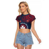 Personalised Wallis And Futuna Raglan Cropped T Shirt Hibiscus Polynesian Tribal Pattern
