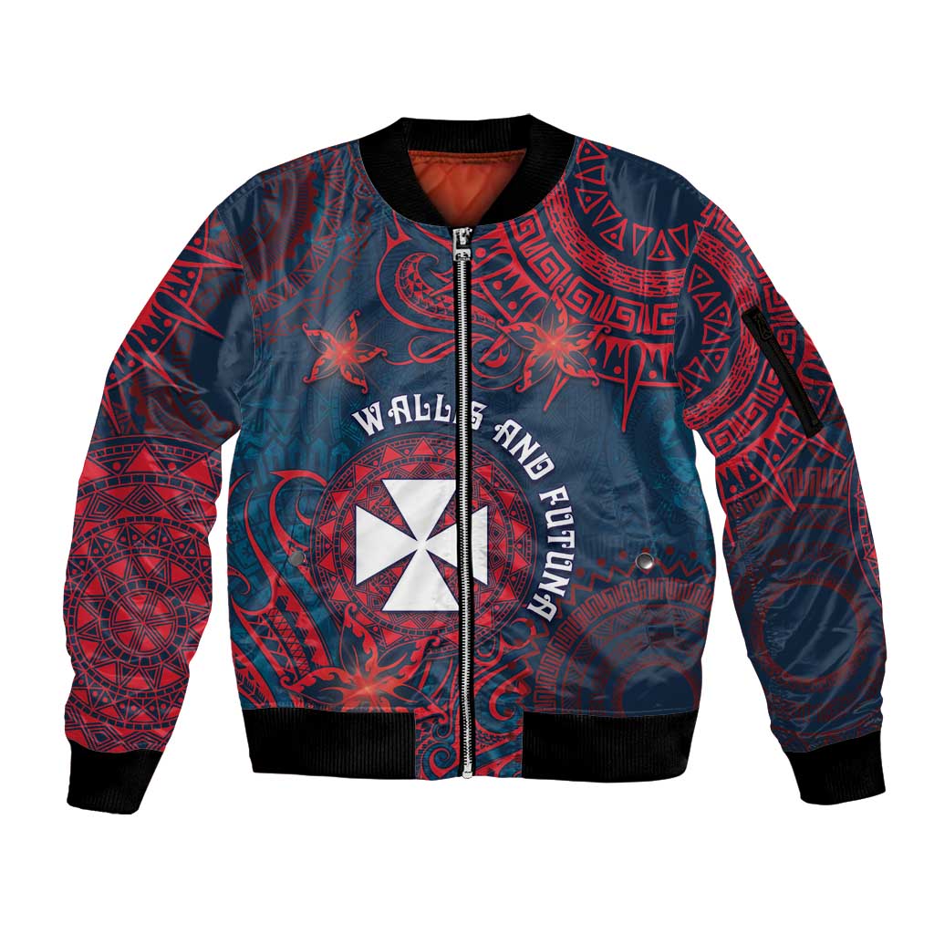 Personalised Wallis And Futuna Sleeve Zip Bomber Jacket Hibiscus Polynesian Tribal Pattern