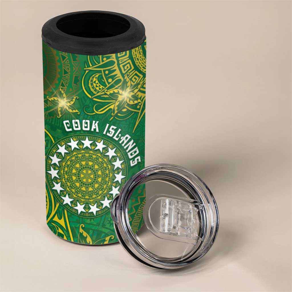 Personalised Cook Islands 4 in 1 Can Cooler Tumbler Hibiscus Polynesian Tribal Pattern