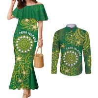 Personalised Cook Islands Couples Matching Mermaid Dress and Long Sleeve Button Shirt Hibiscus Polynesian Tribal Pattern