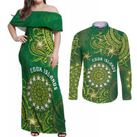 Personalised Cook Islands Couples Matching Off Shoulder Maxi Dress and Long Sleeve Button Shirt Hibiscus Polynesian Tribal Pattern
