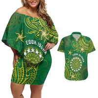 Personalised Cook Islands Couples Matching Off Shoulder Short Dress and Hawaiian Shirt Hibiscus Polynesian Tribal Pattern