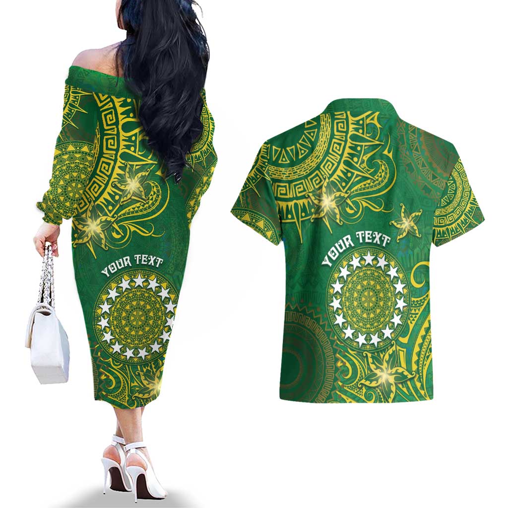 Personalised Cook Islands Couples Matching Off The Shoulder Long Sleeve Dress and Hawaiian Shirt Hibiscus Polynesian Tribal Pattern