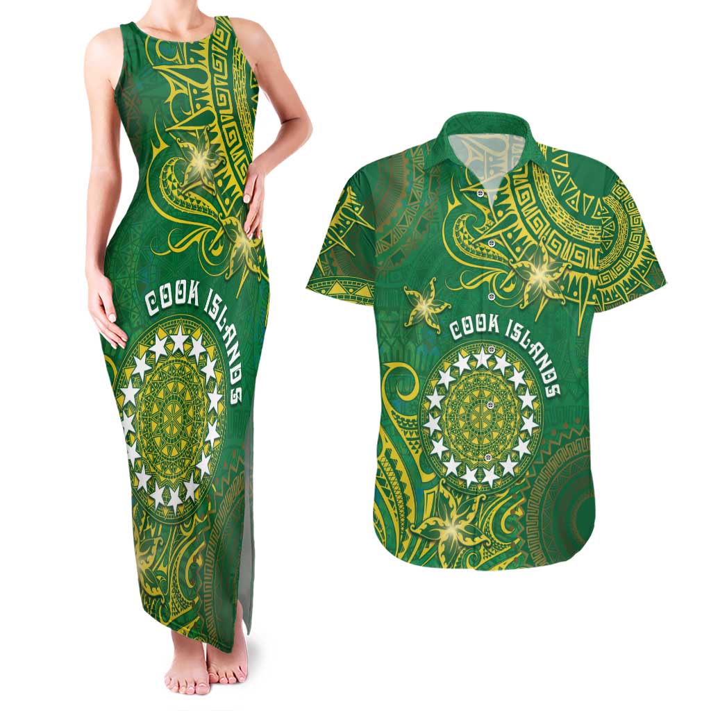 Personalised Cook Islands Couples Matching Tank Maxi Dress and Hawaiian Shirt Hibiscus Polynesian Tribal Pattern