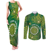 Personalised Cook Islands Couples Matching Tank Maxi Dress and Long Sleeve Button Shirt Hibiscus Polynesian Tribal Pattern
