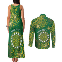 Personalised Cook Islands Couples Matching Tank Maxi Dress and Long Sleeve Button Shirt Hibiscus Polynesian Tribal Pattern