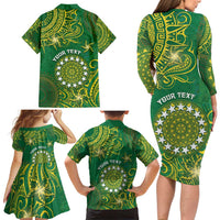 Personalised Cook Islands Family Matching Long Sleeve Bodycon Dress and Hawaiian Shirt Hibiscus Polynesian Tribal Pattern