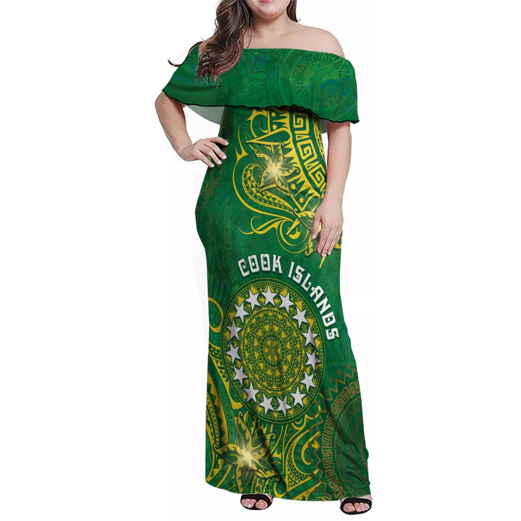 Personalised Cook Islands Family Matching Off Shoulder Maxi Dress and Hawaiian Shirt Hibiscus Polynesian Tribal Pattern