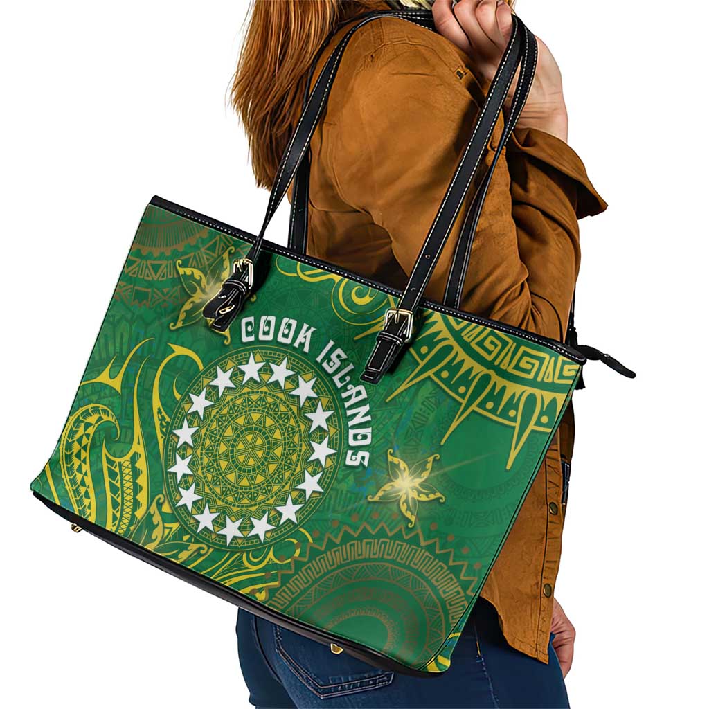 Cook Islands Leather Tote Bag Hibiscus Polynesian Tribal Pattern