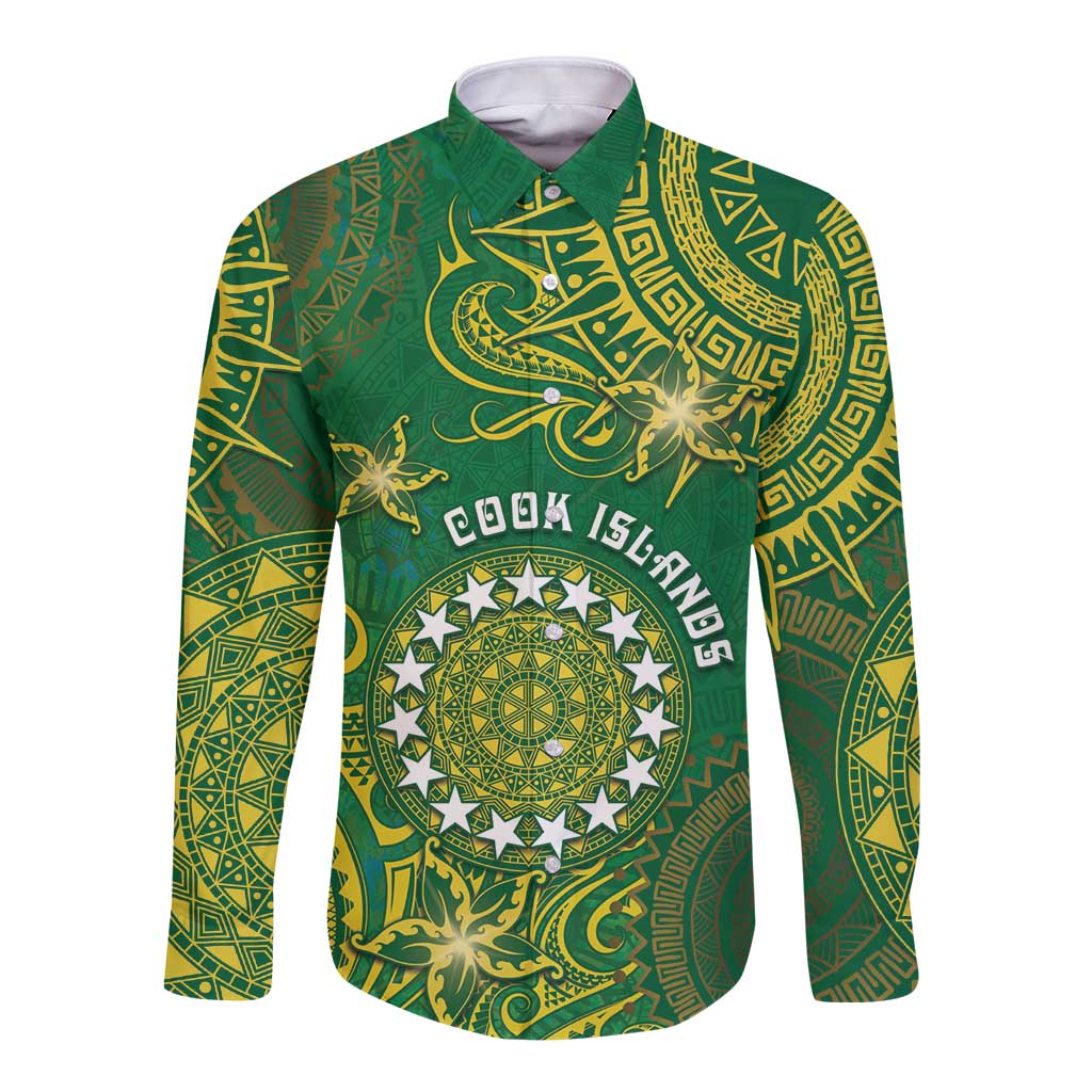 Personalised Cook Islands Long Sleeve Button Shirt Hibiscus Polynesian Tribal Pattern