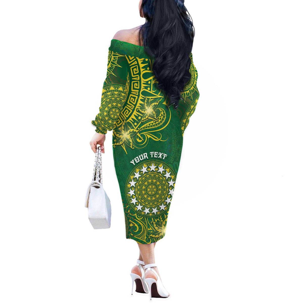 Personalised Cook Islands Off The Shoulder Long Sleeve Dress Hibiscus Polynesian Tribal Pattern