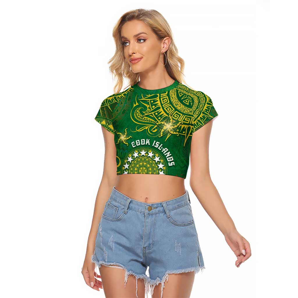 Personalised Cook Islands Raglan Cropped T Shirt Hibiscus Polynesian Tribal Pattern